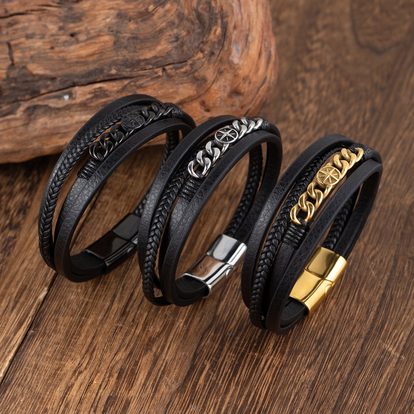 Rockyu メンズブレスレット レザー 黒 多重巻き チェーン 幅広 バングル アクセサリー