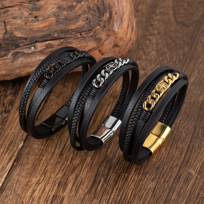 Rockyu メンズブレスレット レザー 黒 多重巻き チェーン 幅広 バングル アクセサリー