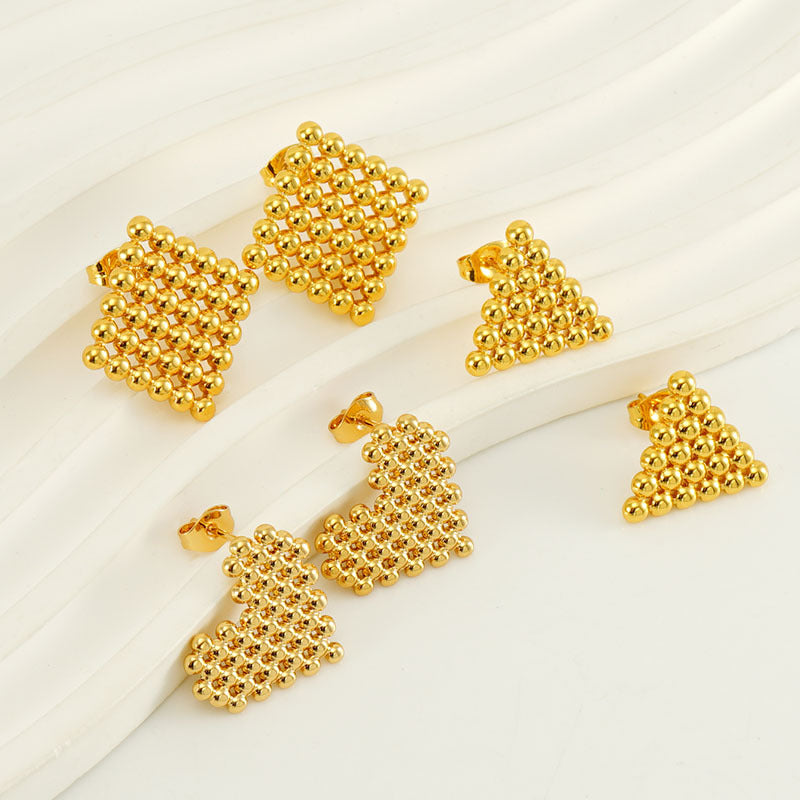 Rockyu ピアス レディース ゴールド ビーズデザイン ステンレス鋼 金属アレルギー対応 スタッドピアス 四角・三角・ハート 18Kメッキ