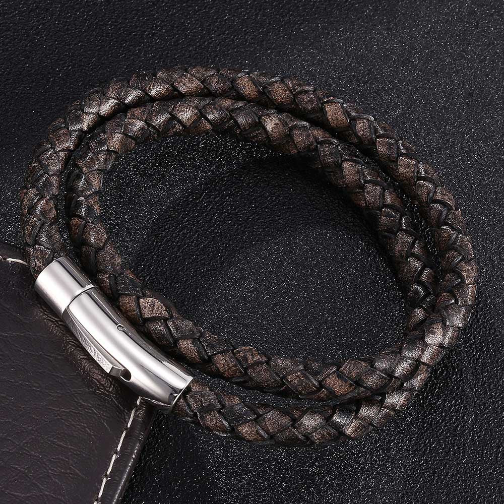 Rockyu ブレスレット メンズ レディース 本革 二連編み込み ステンレス磁気ボタン ブラウン ニューヨークスタイル