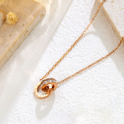 Rockyu ブレスレット レディース ピンクゴールド チタン 2連リング ローマ数字 ジルコニア