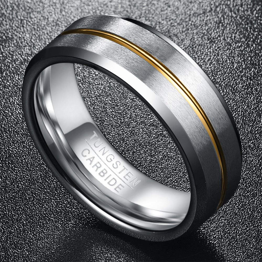 Rockyu メンズリング タングステン シルバー 8mm ヘアライン加工 マット質感 ゴールドライン入り指輪