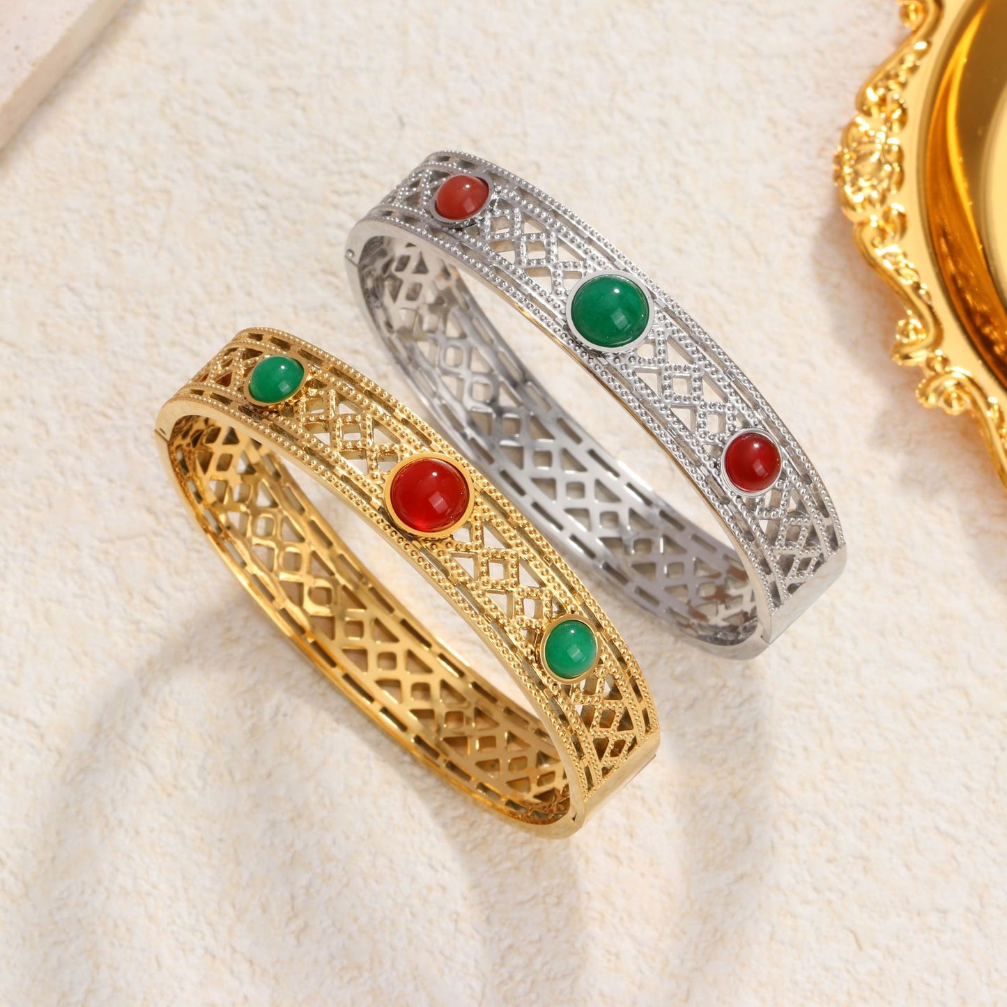 Rockyu レディース バングル 太め 透かし彫り 天然石 ゴールド・シルバー ステンレス 金属アレルギー対応