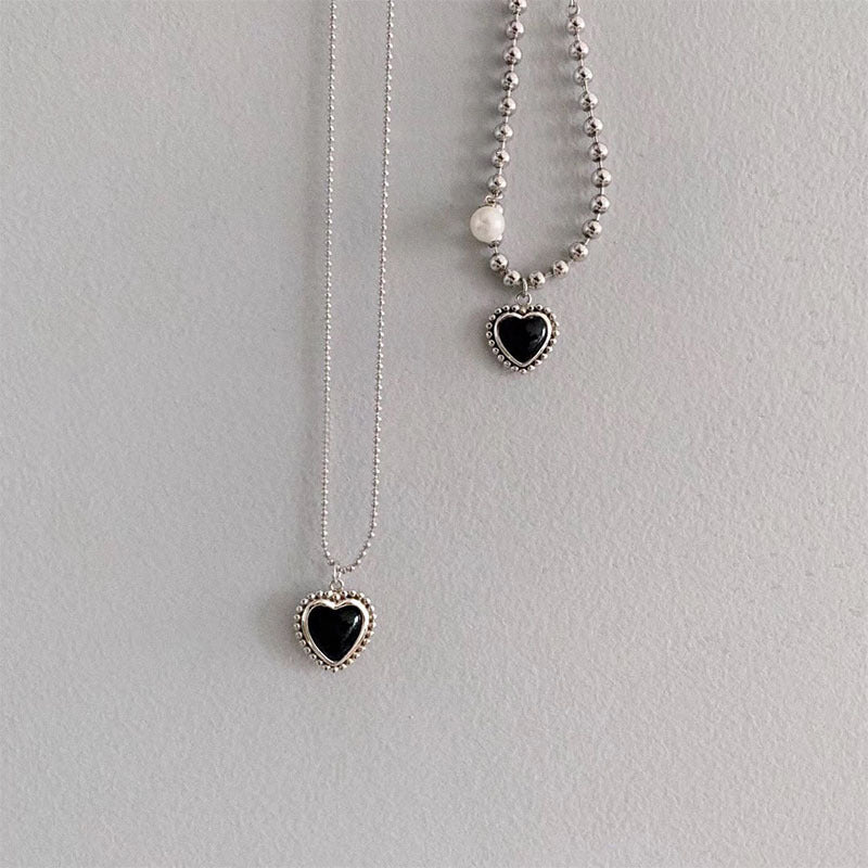 Rockyu ブラックハートネックレス＆ブレスレット レディース シルバー パール付きセット INS風
