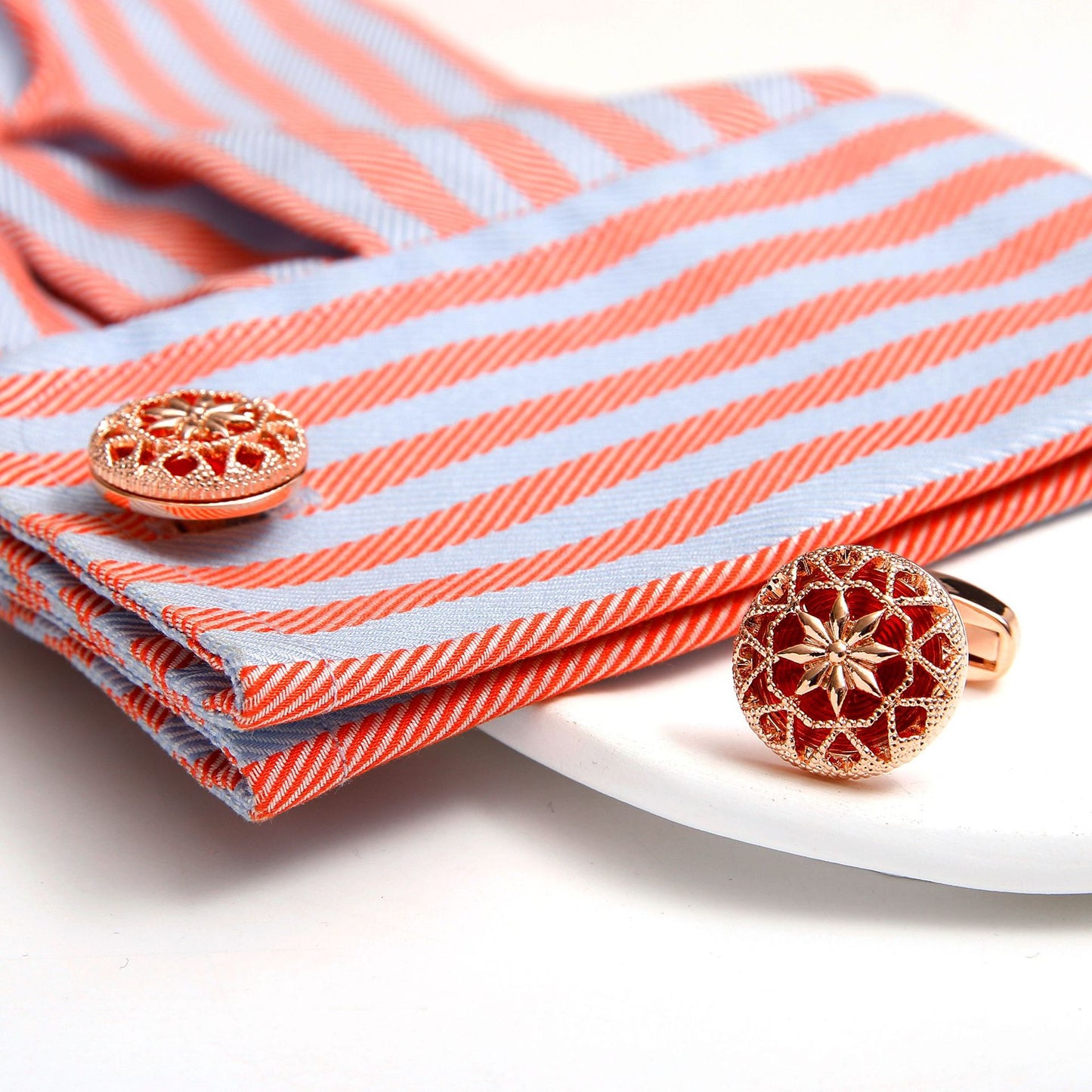 Rockyu カフス シルバーカラーバリエ 花柄透かし彫り ラウンドカフス メンズ ビジネス フォーマル ギフト