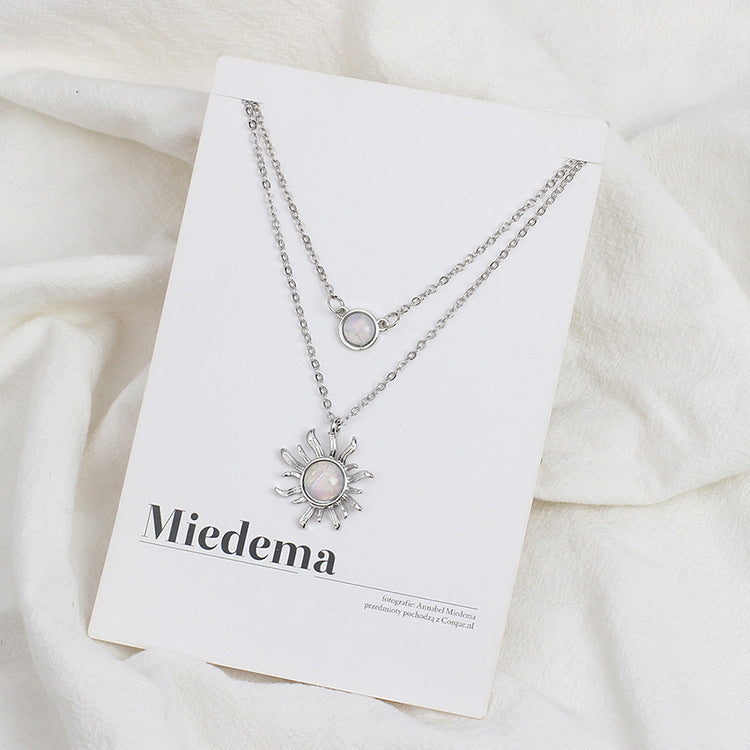 Rockyu 太陽＆月モチーフ 二連ネックレス レディース ゴールド＆シルバー オパール風ペンダント