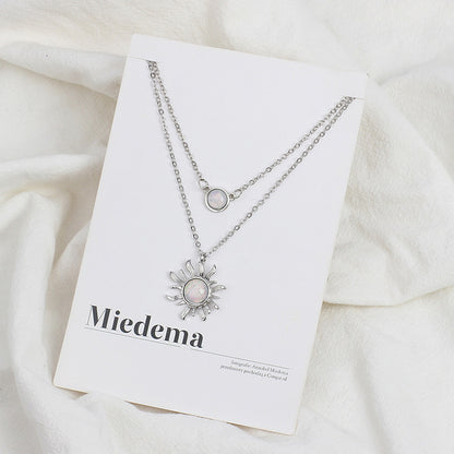 Rockyu 太陽＆月モチーフ 二連ネックレス レディース ゴールド＆シルバー オパール風ペンダント