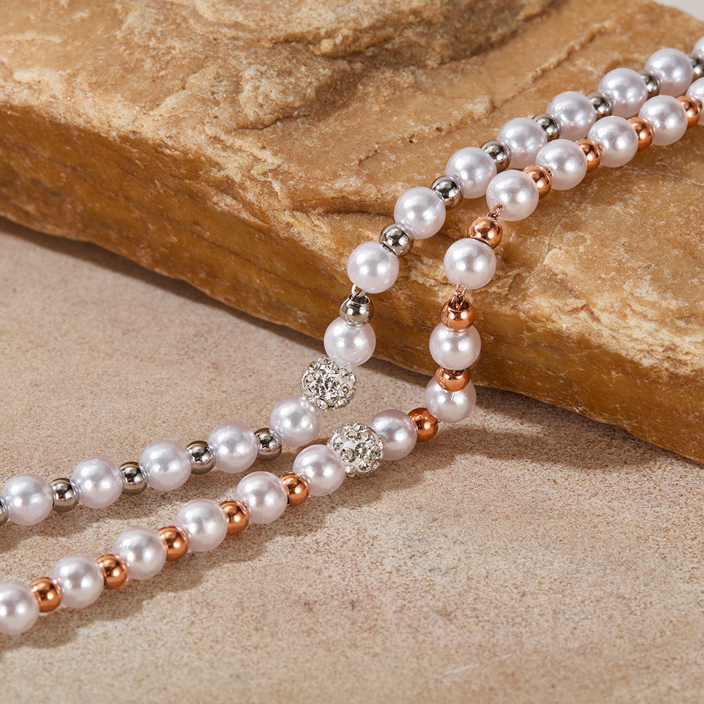 Rockyu ブレスレット レディース パール×ラインストーン 上品エレガント 2連風デザイン