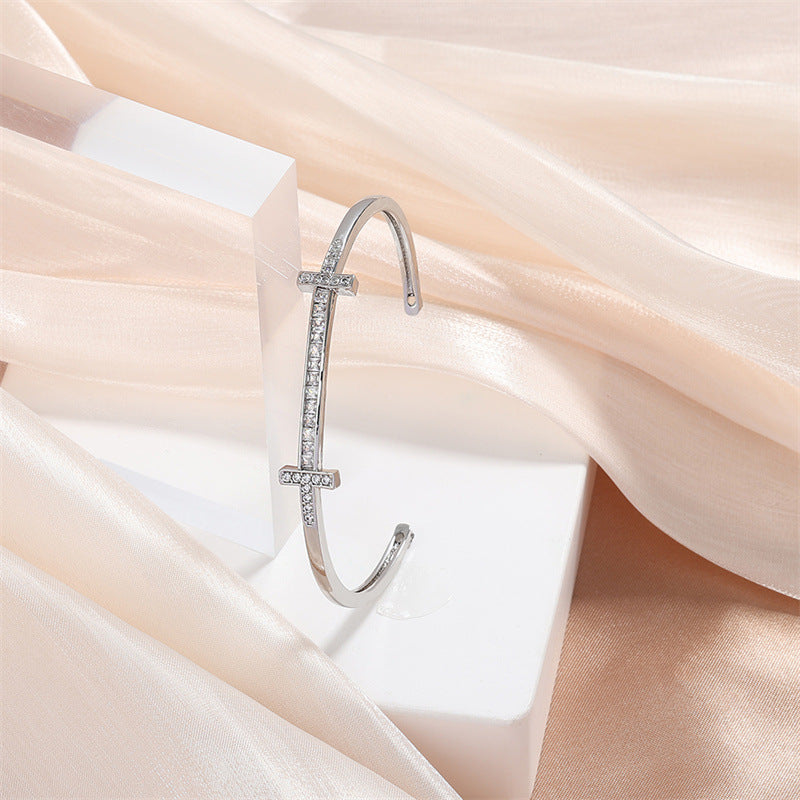 Rockyu レディース クロスラインバングル キュービック付き 18K仕上 ステンレス