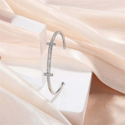 Rockyu レディース クロスラインバングル キュービック付き 18K仕上 ステンレス