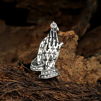 Rockyu 手の祈りネックレス ステンレス製 十字架×刻印入りメンズアクセ