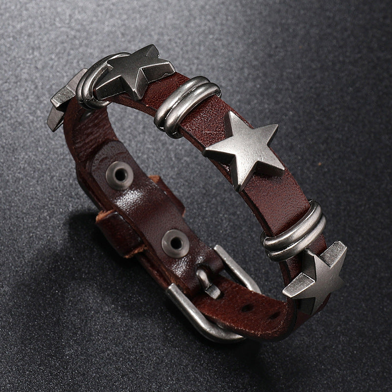 Rockyu メンズ レザー スタースタッズ ブレスレット パンク＆ヴィンテージ風