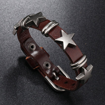 Rockyu メンズ レザー スタースタッズ ブレスレット パンク＆ヴィンテージ風