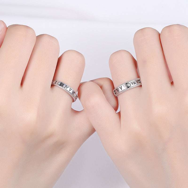 Rockyu ペアリング カップル用 ローマ数字刻印 シルバー925 フリーサイズリング