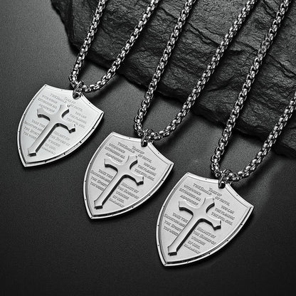 Rockyu シールドクロス ネックレス メンズ ステンレス 経文刻印 十字架ペンダント