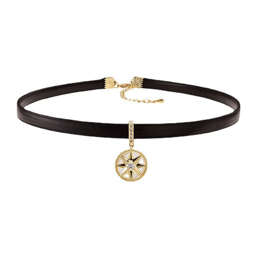 Rockyu レディース チョーカー 黒 レザー 星モチーフ ジルコニア ネックレス