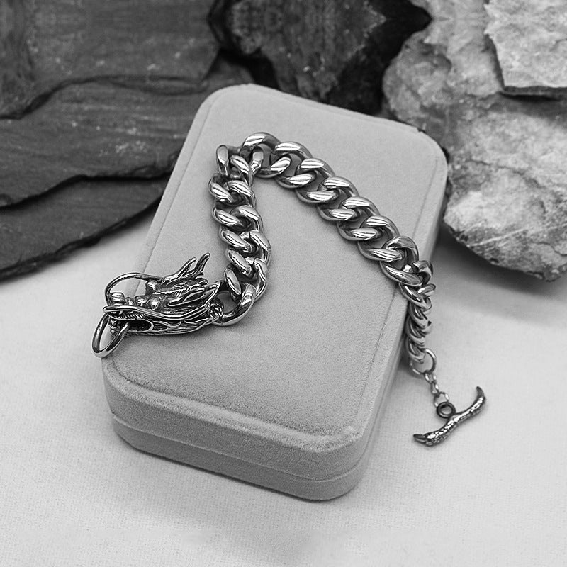 Rockyu 龍ブレスレット メンズ シルバー 太めチェーン チタン製 ドラゴンデザイン