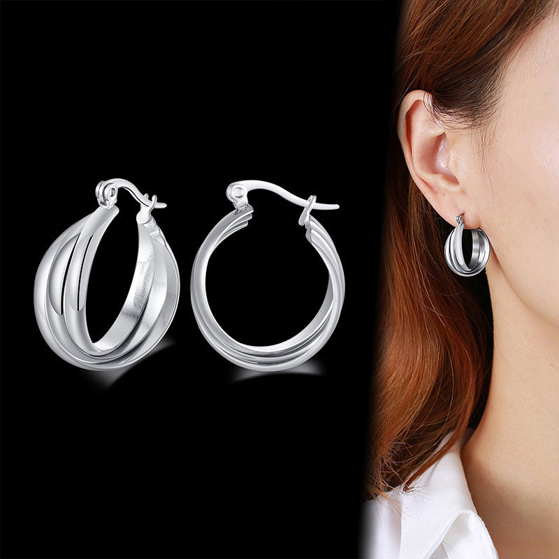 Rockyu レディースピアス 大ぶり三連クロス フープ ゴールド／シルバー チタン製 金属アレルギー対応