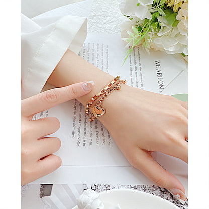 Rockyu ハートチャーム バングルブレスレット レディース ステンレスチェーン 3色展開