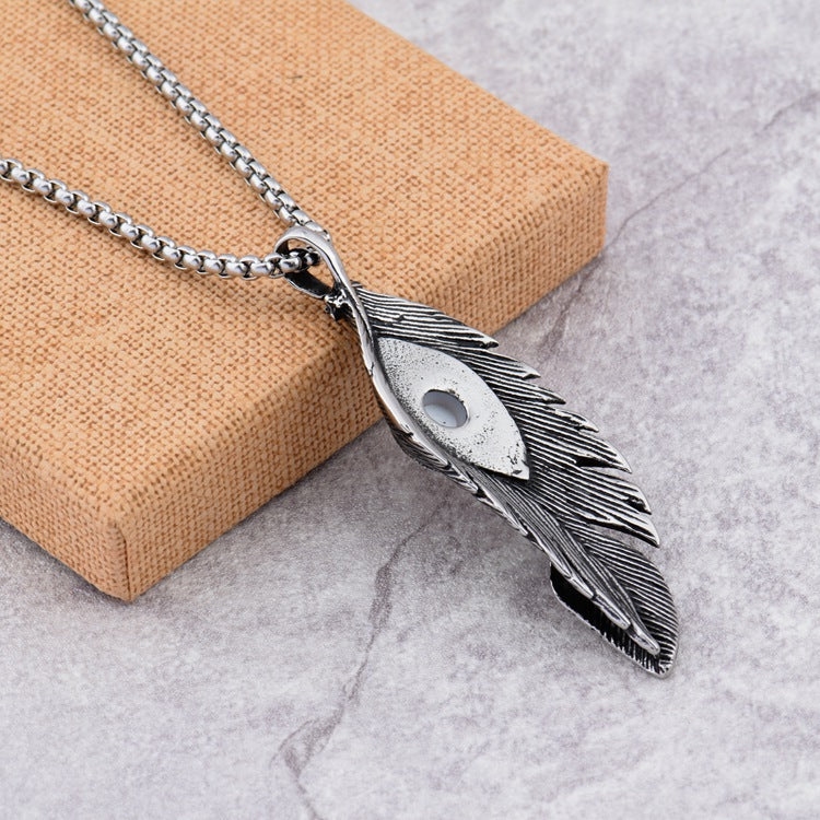 Rockyu メンズ ネックレス ペンダント 羽 根 アイモチーフ チタン ステンレス レトロ アンティーク風