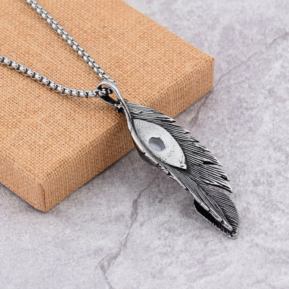 Rockyu メンズ ネックレス ペンダント 羽 根 アイモチーフ チタン ステンレス レトロ アンティーク風