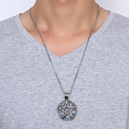 Rockyu メンズ ペンタグラムネックレス シルバー ステンレス製 守護魔除け 五芒星 ペンダント チェーン付き