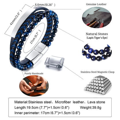 Rockyu ブレスレット メンズ レディース レザー ブラック ステンレス 3連 編み込み ビーズ 腕輪