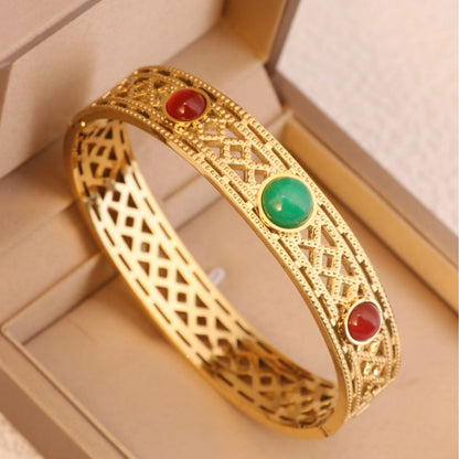Rockyu レディース バングル 太め 透かし彫り 天然石 ゴールド・シルバー ステンレス 金属アレルギー対応