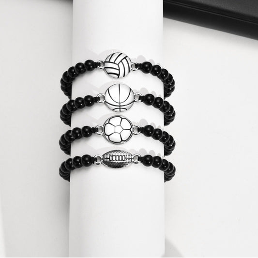 Rockyu メンズブレスレット ブラック瑪瑙 数珠 スポーツモチーフ バスケットボールデザイン 調節可能