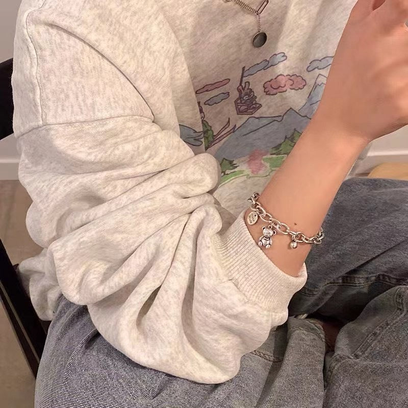 Rockyu ブレスレット レディース 小熊チャーム付き チェーンブレス 錆びにくい チタン風