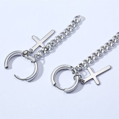 Rockyu メンズピアス クロスチェーン チタンフープ 十字架デザイン