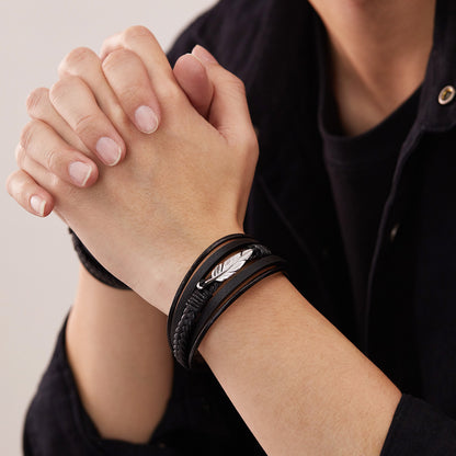 Rockyu メンズブレスレット 本革×ステンレス 羽モチーフ 編み込みデザイン