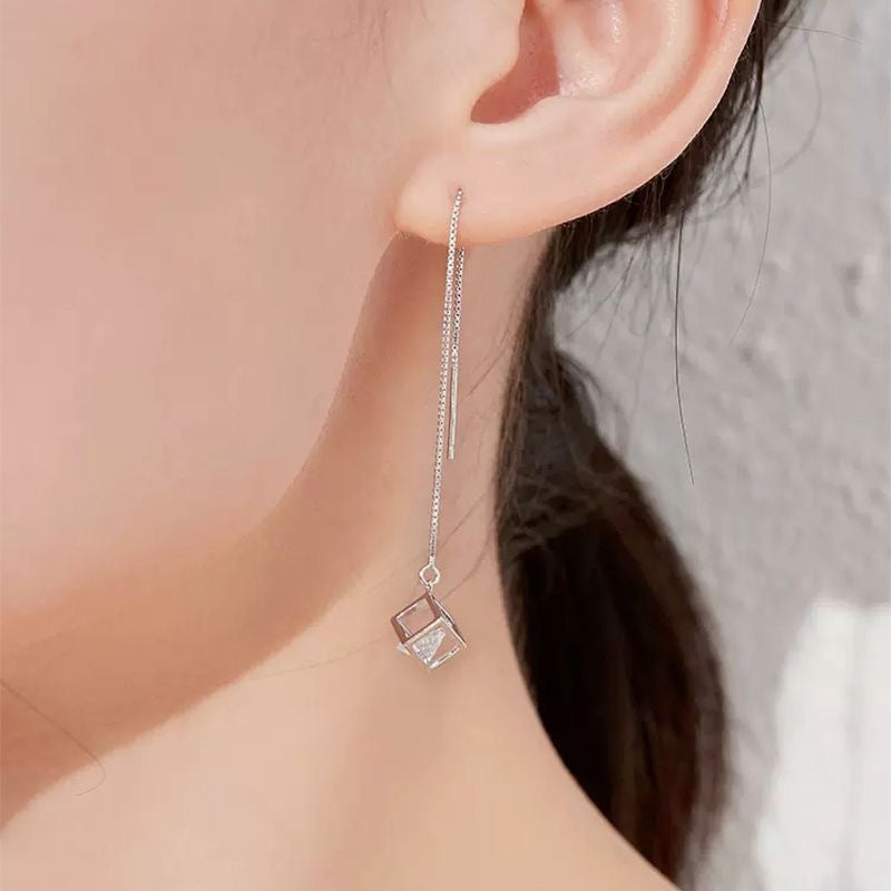 Rockyu ピアス レディース 925純銀 キューブデザイン ロングチェーンピアス 上品 大人かわいい