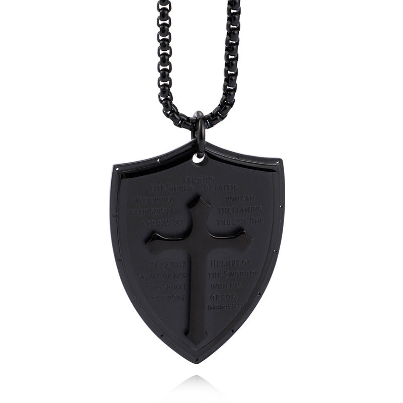 Rockyu 十字架 ネックレス メンズ ステンレス 盾ペンダント 経文刻印 クロス 厄除け お守り 開運 ギフト