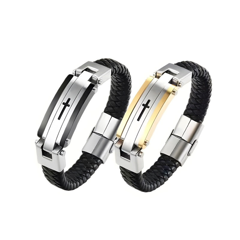 Rockyu ブレスレット メンズ レザー ブラック 十字架 ステンレス 革製バングル シンプル 腕輪