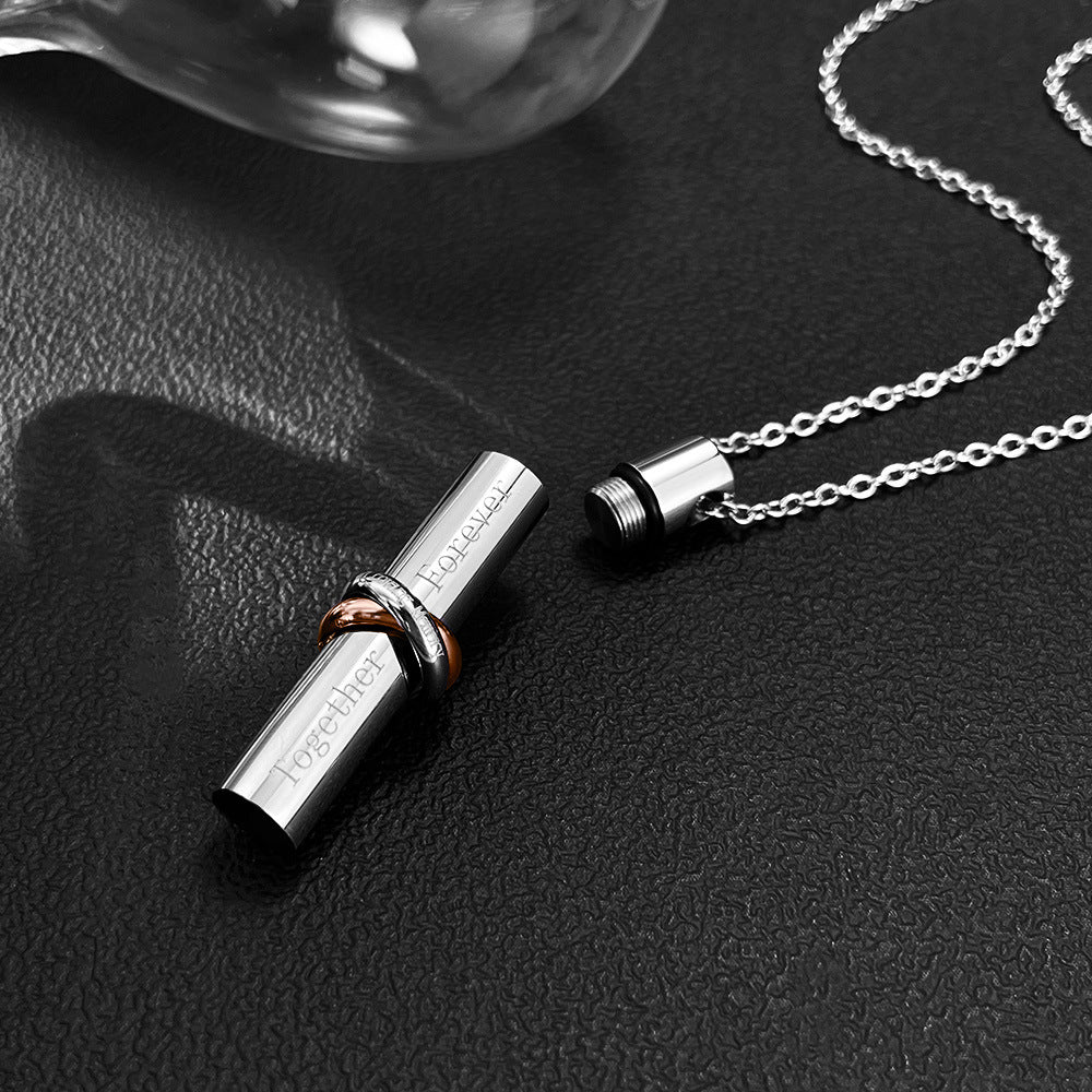 Rockyu メンズネックレス チタン製 シルバー メモリアル 遺骨ペンダント 円筒デザイン 500mmチェーン