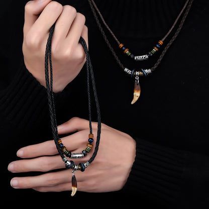 Rockyu ネイティブスタイルネックレス 狼牙ペンダント ビーズデザイン 調整可能コード付き