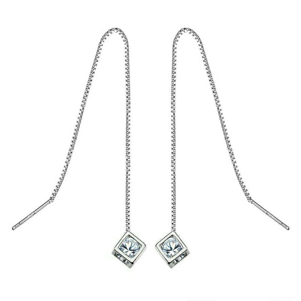 Rockyu ピアス レディース 925純銀 キューブデザイン ロングチェーンピアス 上品 大人かわいい