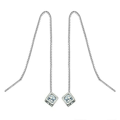 Rockyu ピアス レディース 925純銀 キューブデザイン ロングチェーンピアス 上品 大人かわいい