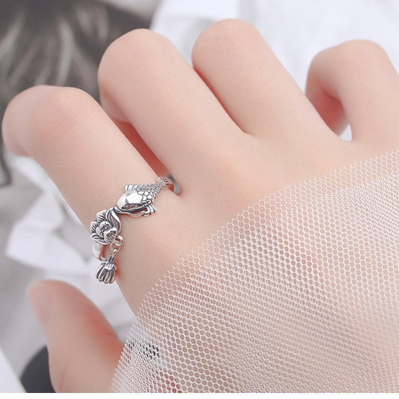 Rockyu 鯉と蓮のチャームリング レディース フリーサイズ S925シルバー指輪