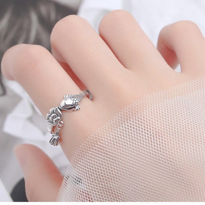 Rockyu 鯉と蓮のチャームリング レディース フリーサイズ S925シルバー指輪