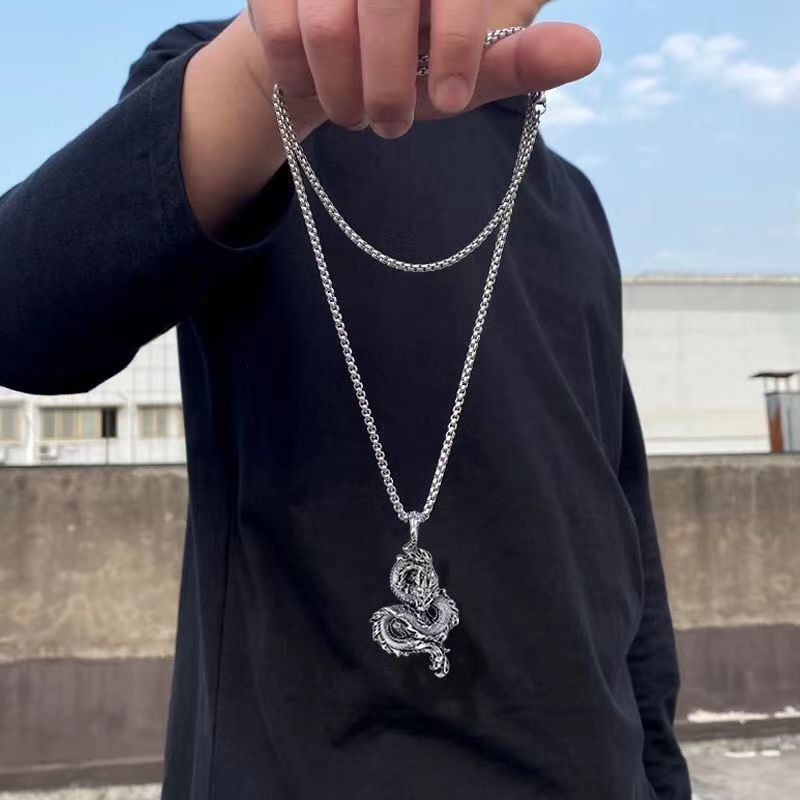 Rockyu 龍ペンダントネックレス｜ステンレス製 立体ドラゴンモチーフ メンズアクセサリー