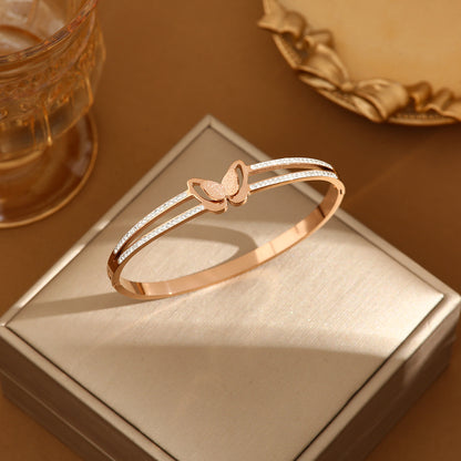 Rockyu ブレスレット レディース 蝶モチーフ ジルコニア入り 18Kピンクゴールド チタン製