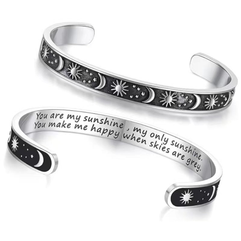 Rockyu フリーサイズ ステンレス バングル ブレスレット メンズ レディース ペア対応 刻印入り おしゃれシンプルデザイン