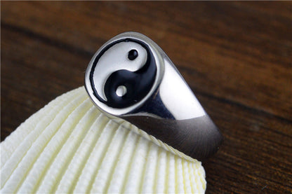 Rockyu 陰陽リング メンズ ステンレス 六字真言風デザイン おしゃれシグネットリング