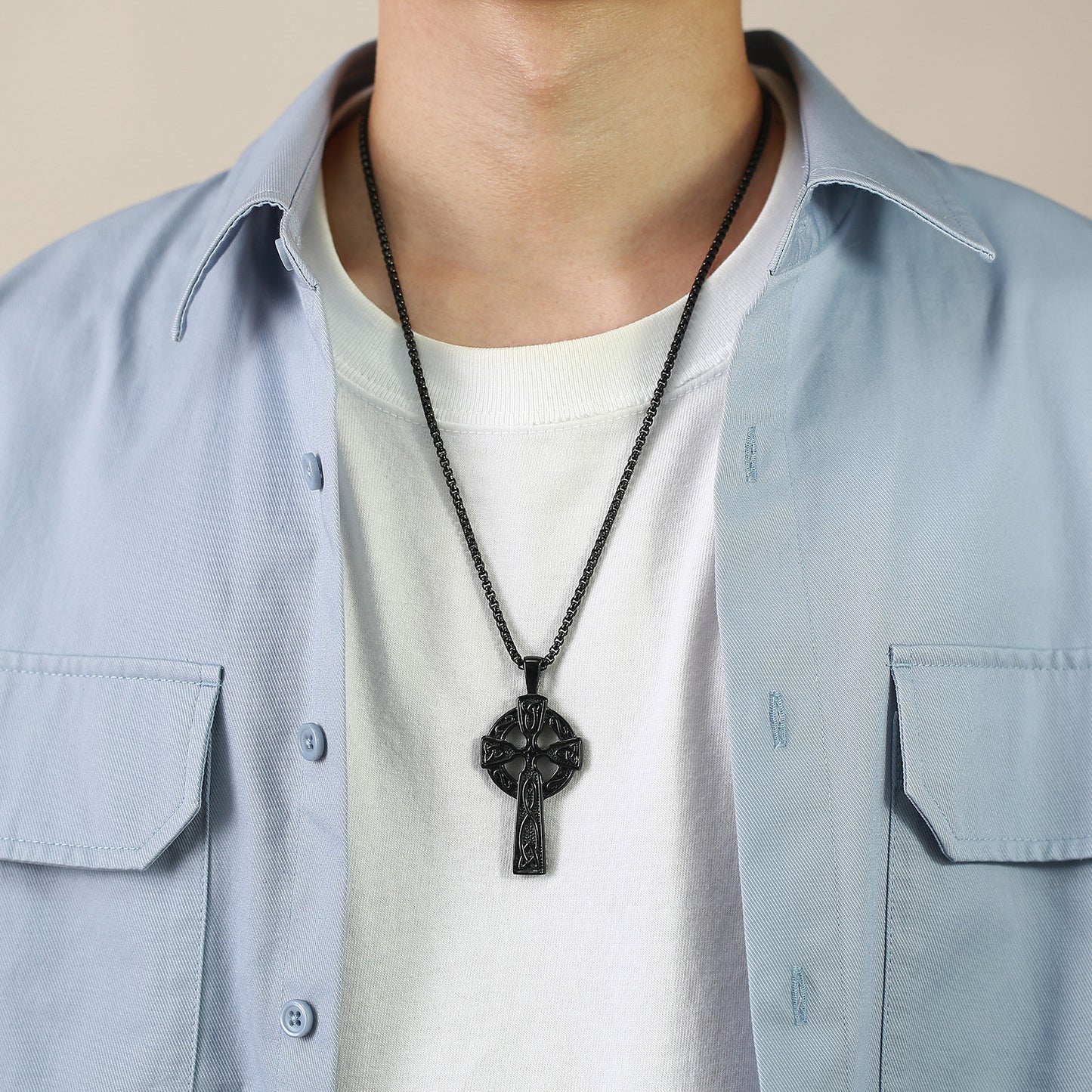 Rockyu ネックレス メンズ ステンレス ケルティッククロス ペンダント チェーン付 ブラック ゴールド シルバー