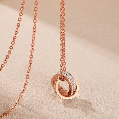 Rockyu ネックレス レディース ピンクゴールド 2連リングペンダント CZ輝石付き