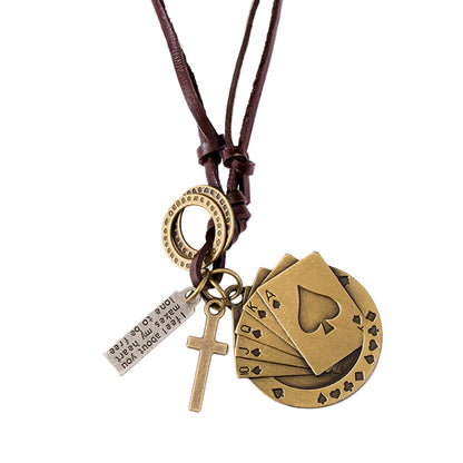 Rockyu ネックレス メンズ レザー 紐 ペンダント 十字架 トランプモチーフ ステンレス ヴィンテージ アクセサリー