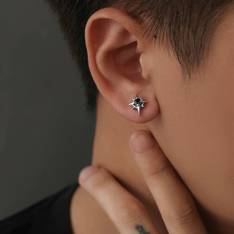 Rockyu メンズピアス シルバー ブラックスター CZジルコニア チタン製 アレルギー対応