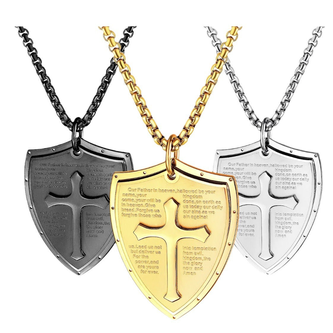 Rockyu シールドクロス ネックレス メンズ ステンレス 経文刻印 十字架ペンダント